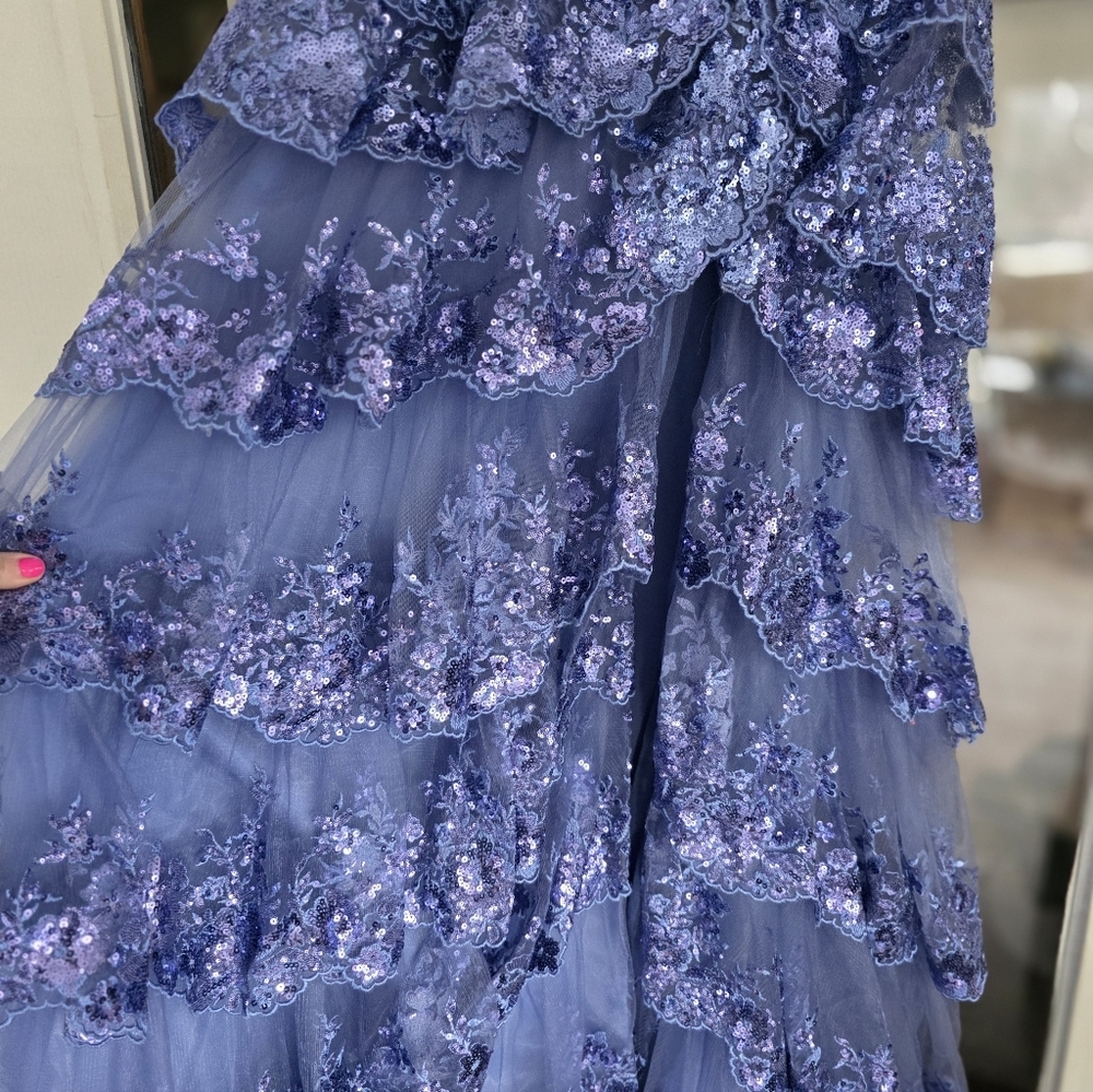 EUC Sherri Hill 55500 Prom Formal Gown Dress 4 Purple Sequin Lace Tiered Corset - Picture 5 of 11